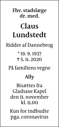 Dødsannoncen for Claus Lundstedt - Gentofte