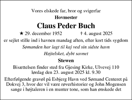Dødsannoncen for Claus Peder Buch - Esbjerg