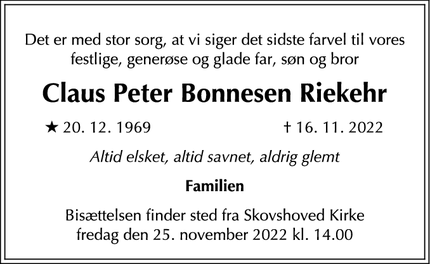 Dødsannoncen for Claus Peter Bonnesen Riekehr - Aarhus c
