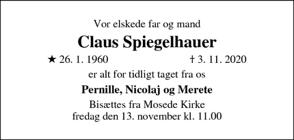 Dødsannoncen for Claus Spiegelhauer - Greve