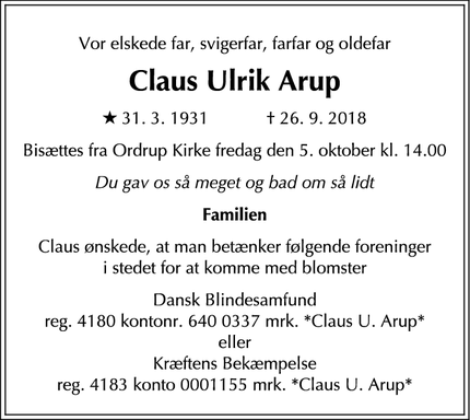 Dødsannoncen for Claus Ulrik Arup - Ordrup