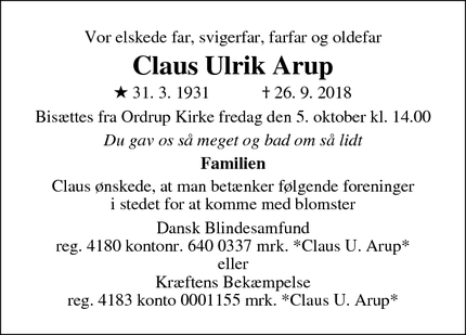 Dødsannoncen for Claus Ulrik Arup - Ordrup