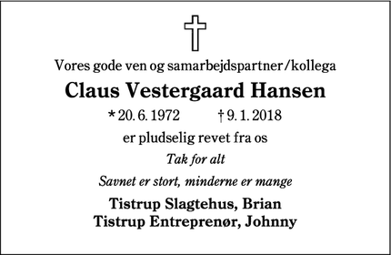 Dødsannoncen for Claus Vestergaard Hansen - Tistrup