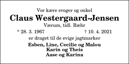 Dødsannoncen for Claus Westergaard-Jensen - Værum