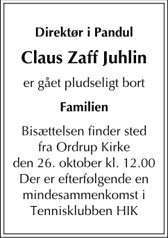 Dødsannoncen for Claus Zaff Juhlin - Ordrup