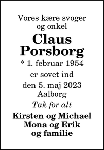 Dødsannoncen for Claus
Porsborg - Storvorde