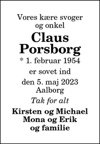 Dødsannoncen for Claus
Porsborg - Storvorde