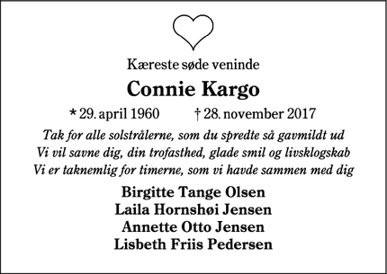 Dødsannoncen for Connie Kargo - Esbjerg