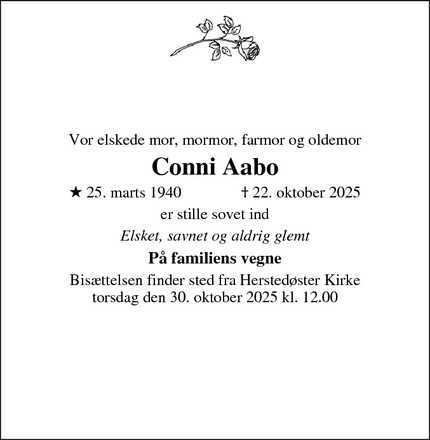 Dødsannoncen for Conni Aabo - Glostrup