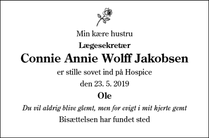 Dødsannoncen for Connie Annie Wolff Jakobsen - Esbjerg
