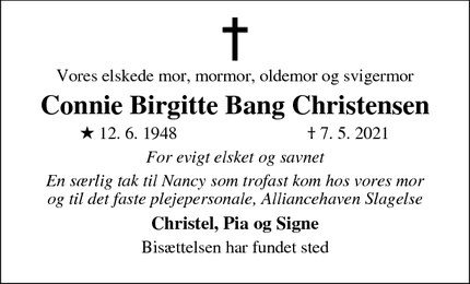 Dødsannoncen for Connie Birgitte Bang Christensen - Slagelse