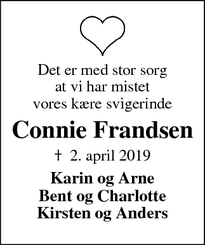 Dødsannoncen for Connie Frandsen - Holstebro