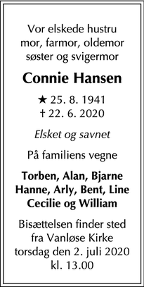 Dødsannoncen for Connie Hansen - Virum