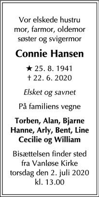 Dødsannoncen for Connie Hansen - Virum