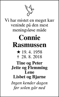 Dødsannoncen for Connie Rasmussen - Assens 
