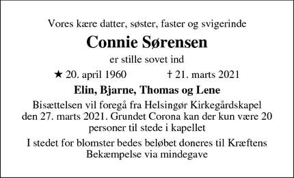 Dødsannoncen for Connie Sørensen - Helsingør