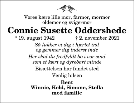 Dødsannoncen for Connie Susette Oddershede - Ræhr