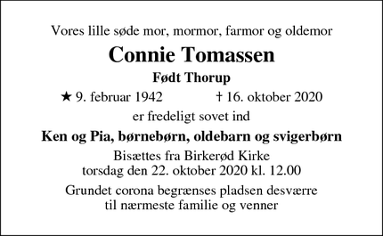 Dødsannoncen for Connie Tomassen
Født Thorup - Birkerød