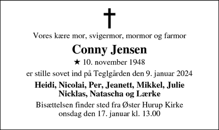 Dødsannoncen for Conny Jensen - Øster Hurup / Als