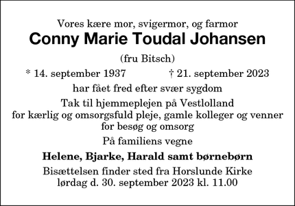 Dødsannoncen for Conny Marie Toudal Johansen - Horslunde