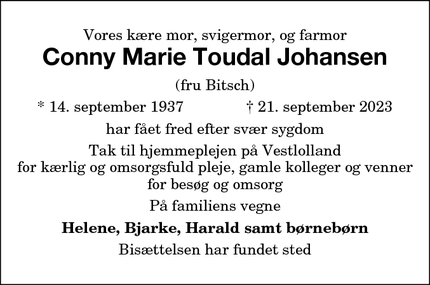 Dødsannoncen for Conny Marie Toudal Johansen - Horslunde