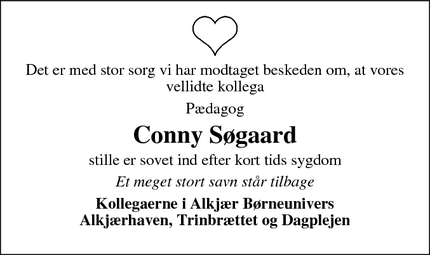 Dødsannoncen for Conny Søgaard - Ringkøbing