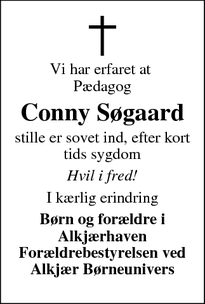 Dødsannoncen for Conny Søgaard - Ringkøbing