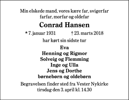 Dødsannoncen for Conrad Hansen - Bramming