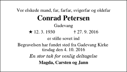 Dødsannoncen for Conrad Petersen - Gadevang