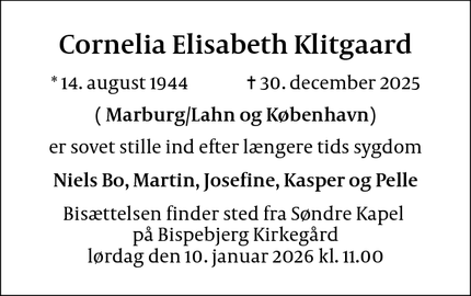 Dødsannoncen for Cornelia Elisabeth Klitgaard - København 