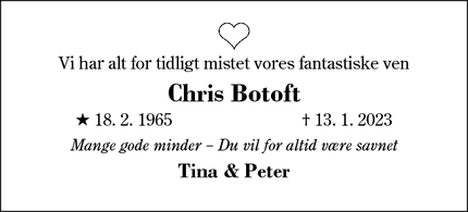 Dødsannoncen for Chris Botoft - Herning