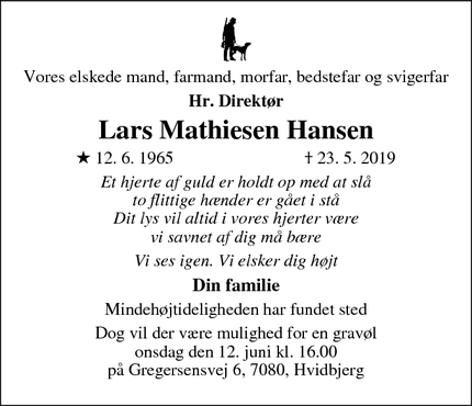 Dødsannoncen for Lars Mathiesen Hansen - Vejle