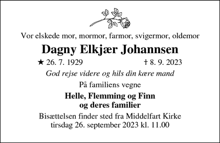 Dødsannoncen for Dagny Elkjær Johannsen - Skodsborg