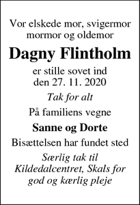 Dødsannoncen for Dagny Flintholm - Viborg