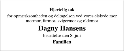 Taksigelsen for Dagny Hansen - Kagstrup 
