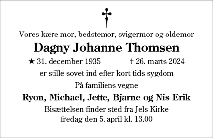 Dødsannoncen for Dagny Johanne Thomsen - Jels