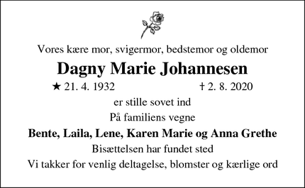 Dødsannoncen for Dagny Marie Johannesen - Outrup