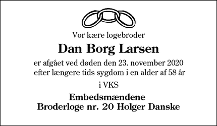 Dødsannoncen for Dan Borg Larsen - Esbjerg