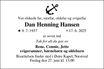 Dødsannoncen for Dan Henning Hansen - Næstved