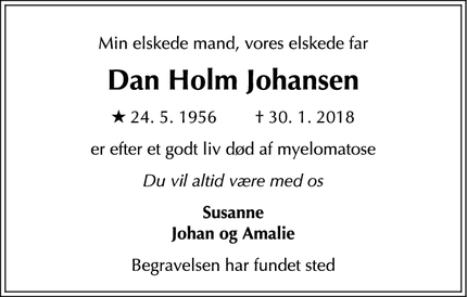 Dødsannoncen for Dan Holm Johansen - København