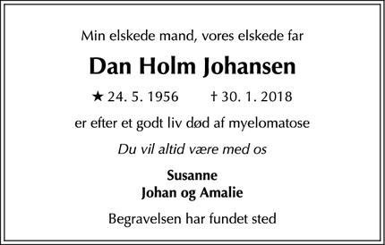 Dødsannoncen for Dan Holm Johansen - København