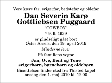 Dødsannoncen for Dan Severin Karø Gottliebsen Puggaard - Øster Assels
