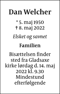Dødsannoncen for Dan Welcher - bagsværd