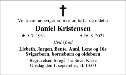 Dødsannoncen for Daniel Kristensen - Hinnerup