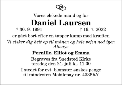 Dødsannoncen for Daniel Laursen - Snedsted