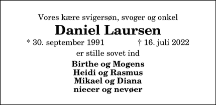 Dødsannoncen for Daniel Laursen - Snedsted