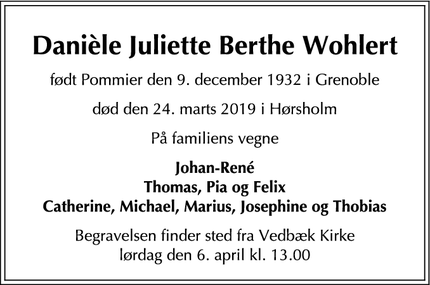 Dødsannoncen for Danièle Juliette Berthe Wohlert - Dronningmølle