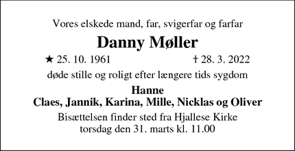 Dødsannoncen for Danny Møller - Odense Hjallese