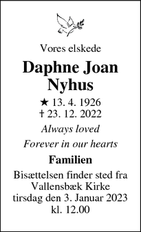 Dødsannoncen for Daphne Joan
Nyhus - Ishøj