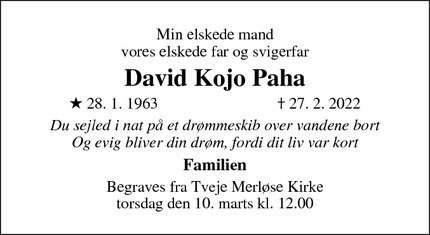 Dødsannoncen for David Kojo Paha - Holbæk